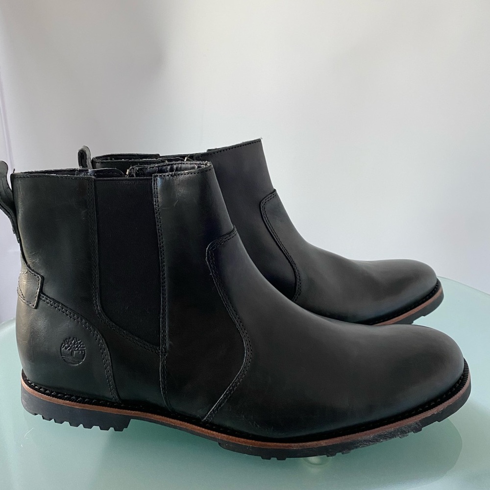 Timberland Men’s Black Leather Side-Zip Ankle Boots – Size 11 – Rubber Lug Sole